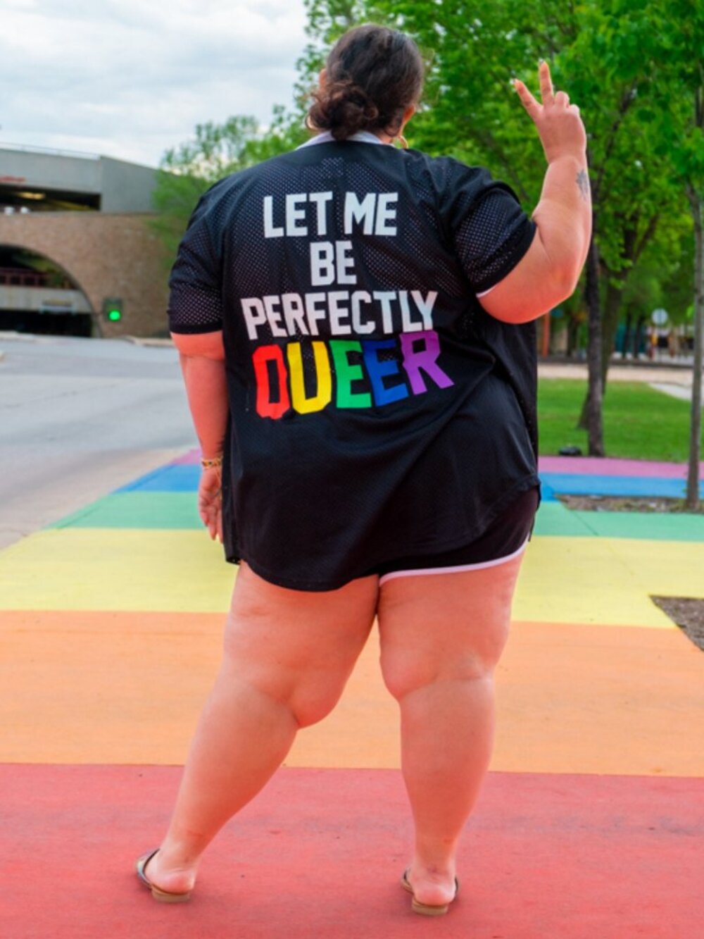 "Let Me Be Perfectly Queer" Black Mesh Jersey Top